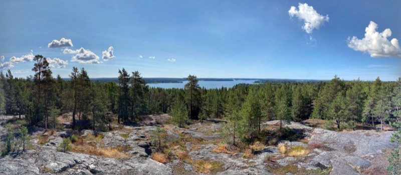 Panoramic view of Finnish archipelago with pine forests and lake